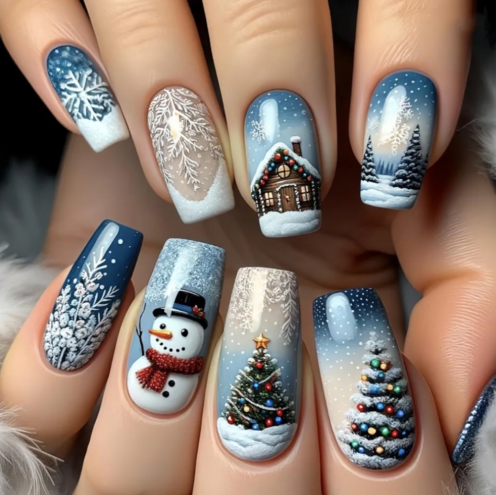 3/$15 Christmas Tree Snowman Gingerbread Snow Square Press on Nails Blue Medium